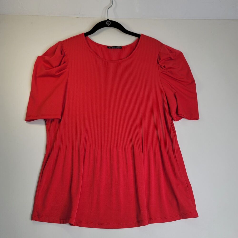 Adrianna Papell Ribbed Puff Sleeve Top Womens Large Coral Red Stretch Knit